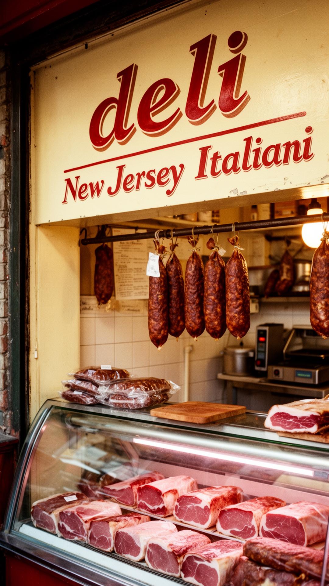 The interior of a classic deli with hanging meats and a glass case of cured meats