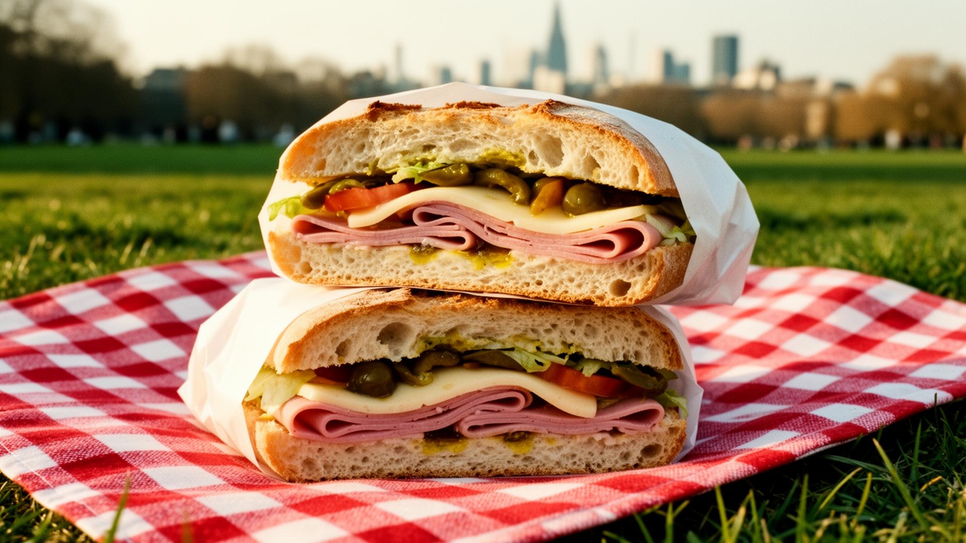 A classic deli sandwich cut in half, sitting on a red checkered picnic blanket on the grass at Primrose Hill